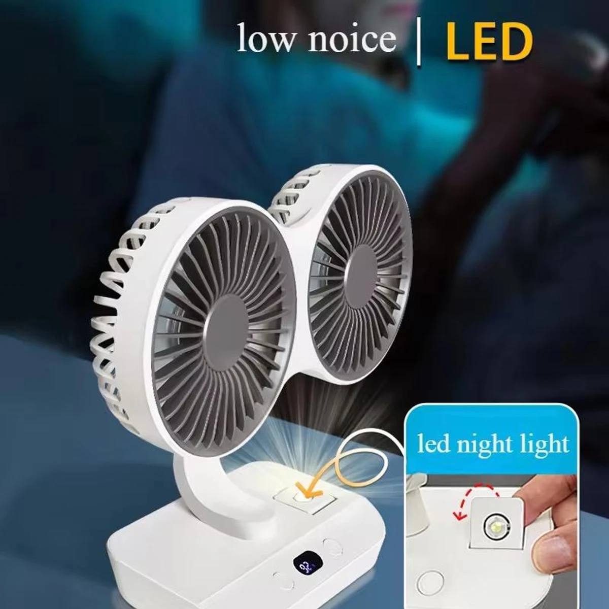 Rechargeable Double Head Auto Rotation Desktop Fan